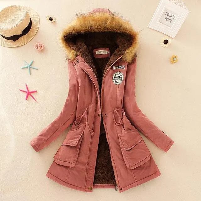 QIUXUAN Women Parka Fashion Autumn Winter Warm Jackets Women Fur Collar Coats Long Parkas Hoodies Office Lady Cotton Plus Size