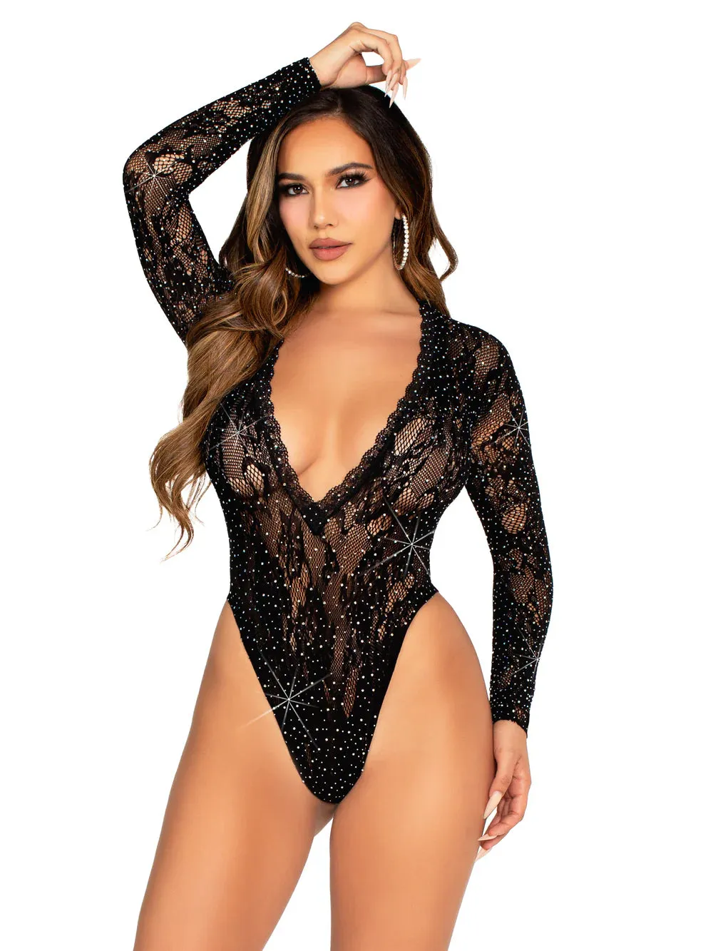 Rhinestone Highcut V-Neck Lace Bodysuit in Black