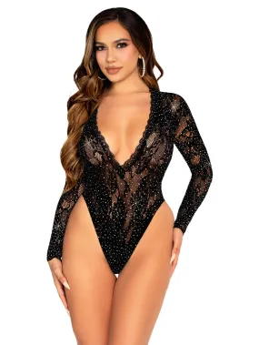 Rhinestone Highcut V-Neck Lace Bodysuit in Black