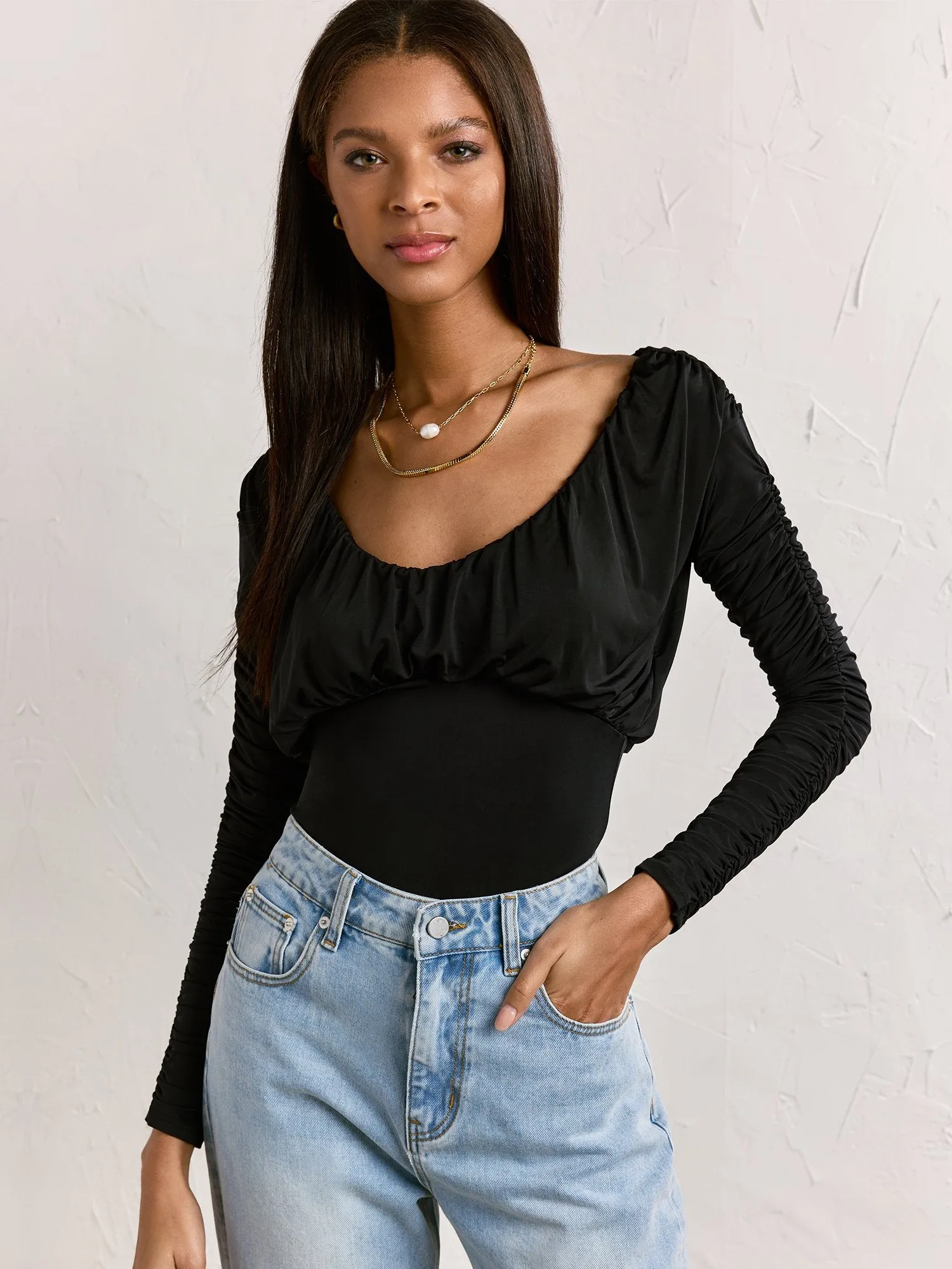 Ruched Long-Sleeve Bodysuit