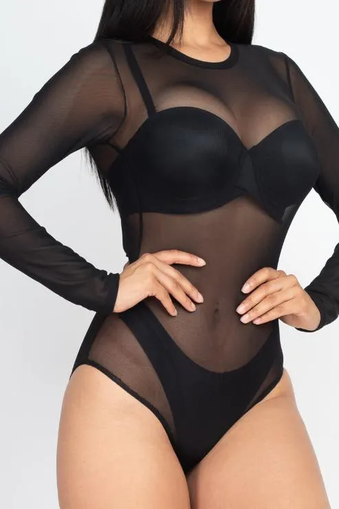 Sexy Sheer Mesh Long Sleeve Bodysuit