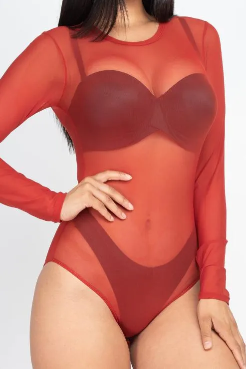 Sexy Sheer Mesh Long Sleeve Bodysuit