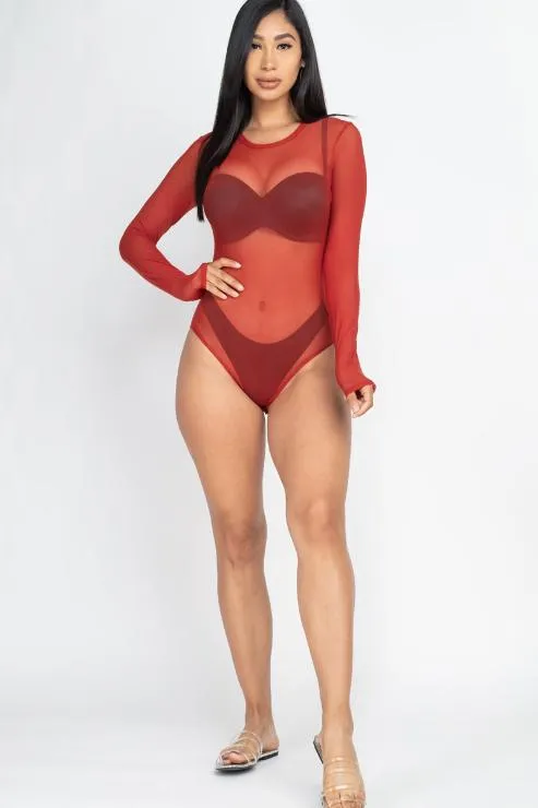 Sexy Sheer Mesh Long Sleeve Bodysuit