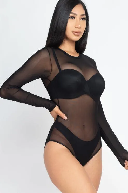 Sexy Sheer Mesh Long Sleeve Bodysuit