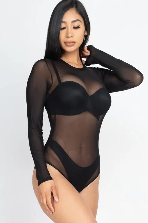 Sexy Sheer Mesh Long Sleeve Bodysuit