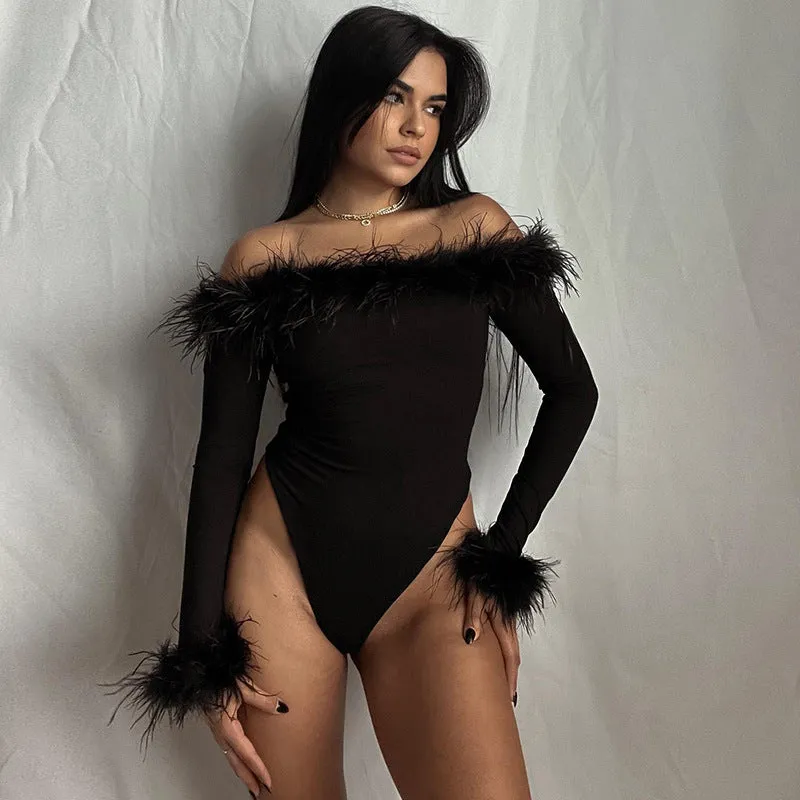 Sexy Slim Hairy One-shoulder Long-sleeved bodysuit