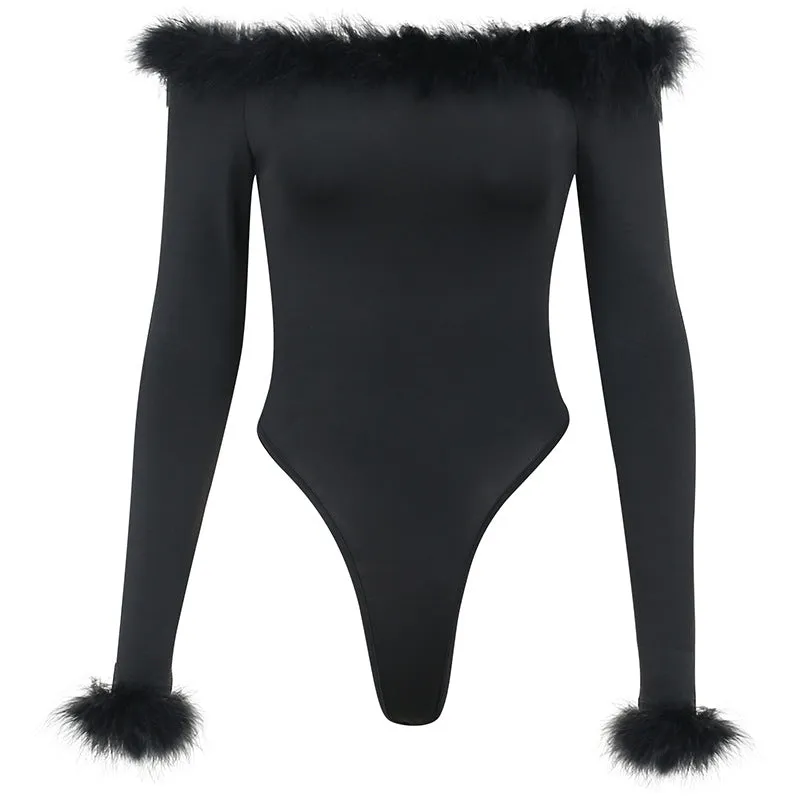 Sexy Slim Hairy One-shoulder Long-sleeved bodysuit