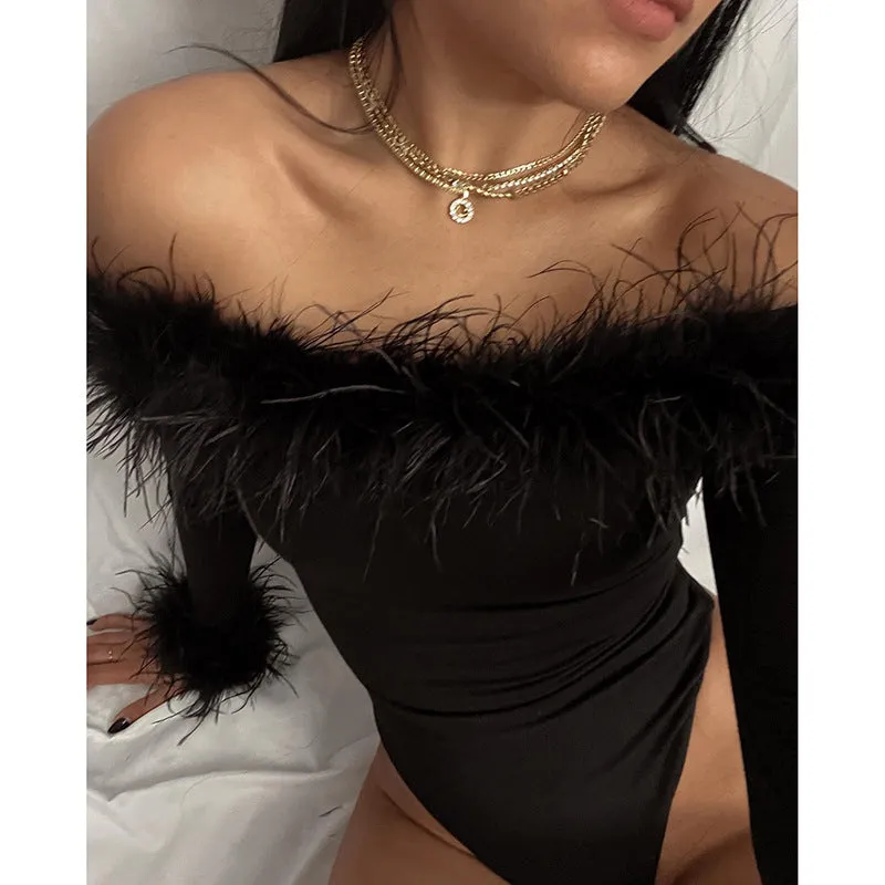 Sexy Slim Hairy One-shoulder Long-sleeved bodysuit