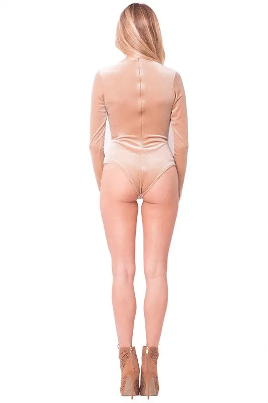 THE MYSTYLEMODE CHAMPAGNE VELVET PLUNGING V NECK DOUBLE LINED ESSENTIAL BODYSUIT