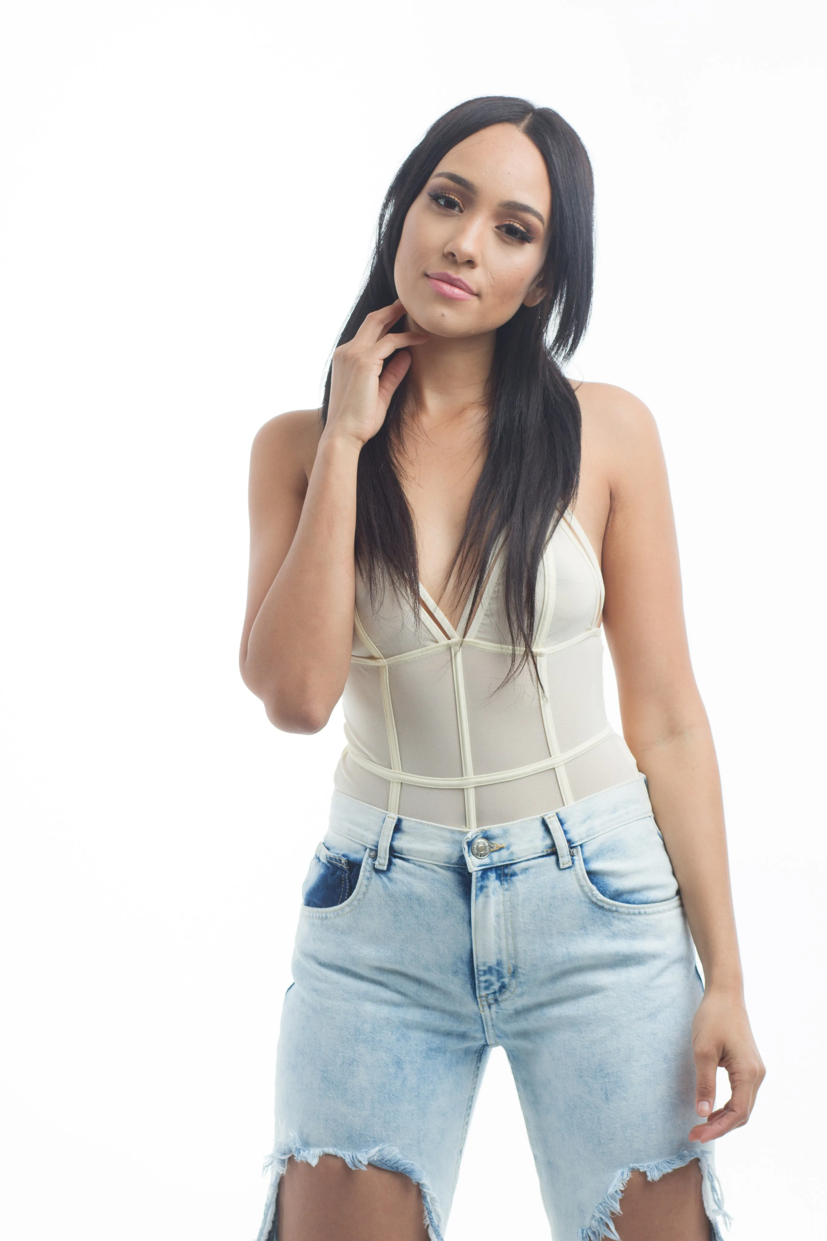 THE MYSTYLEMODE CREAM MESH CORSET DETAIL BODYSUIT