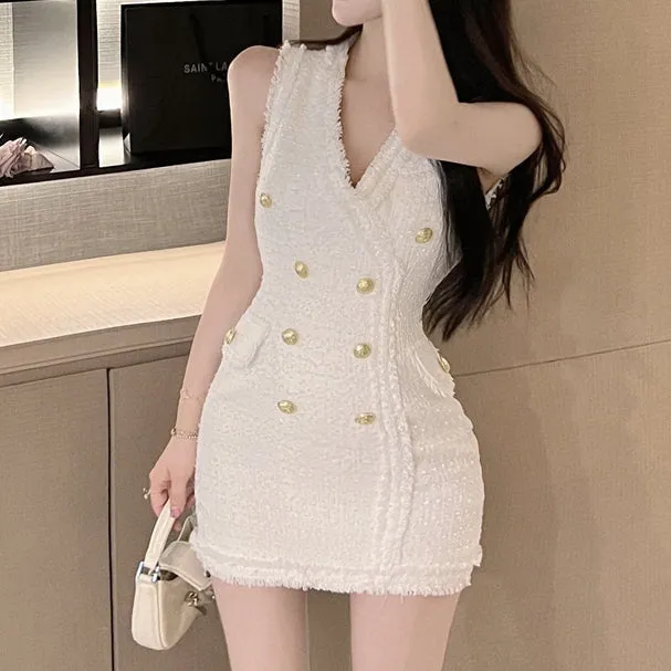 V Neck Double Breasted Sleeveless High Waist Dress