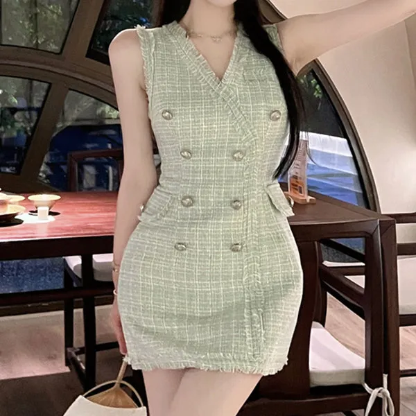 V Neck Double Breasted Sleeveless High Waist Dress