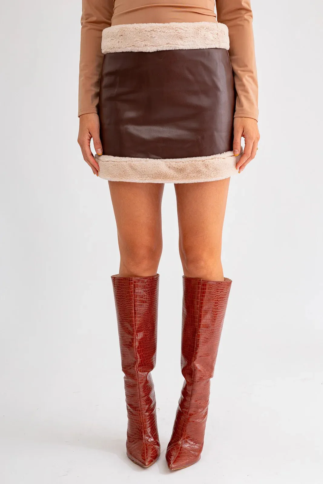 Vegan Fur Trim Faux Leather Mini Skirt