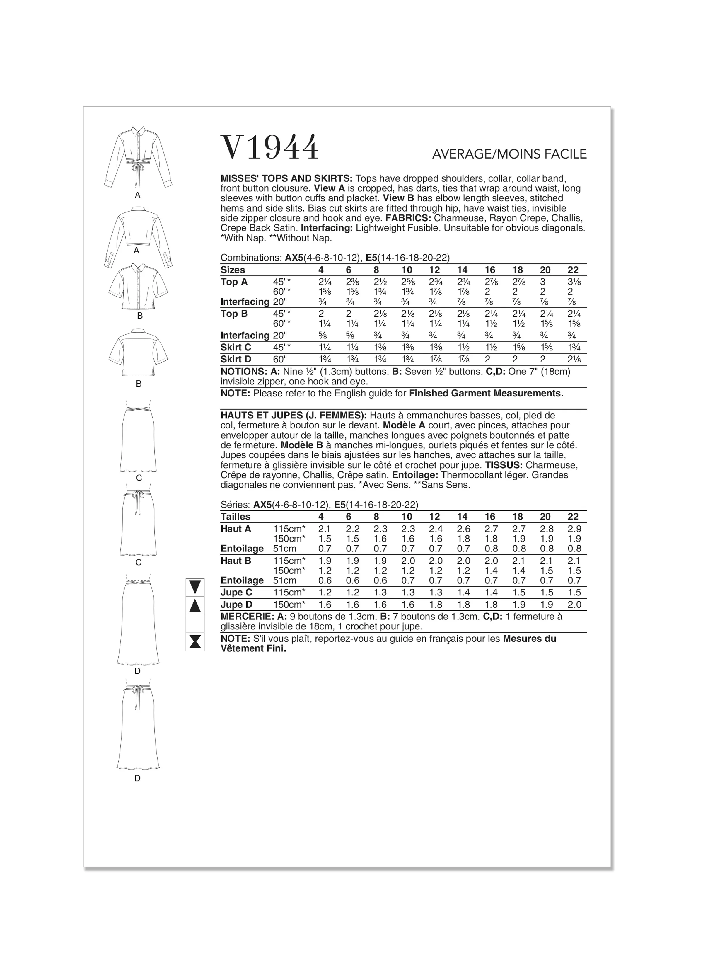 Vogue V1944 Misses' Tops and Skirts