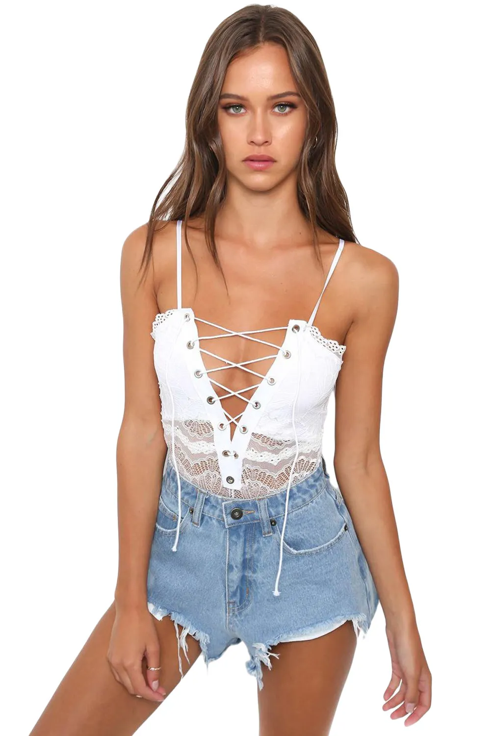 White Lace-up Front Lace Bodysuit