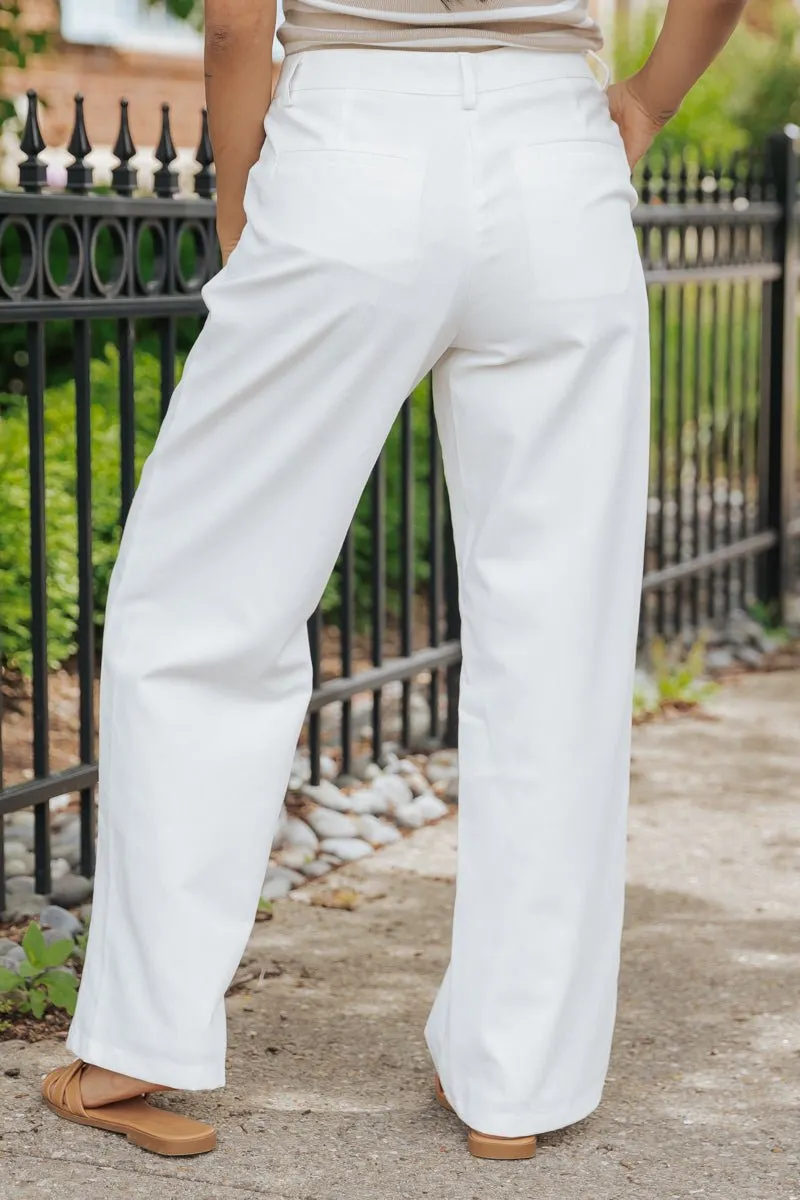 White Mid Rise Pleated Wide Leg Pants - FINAL SALE