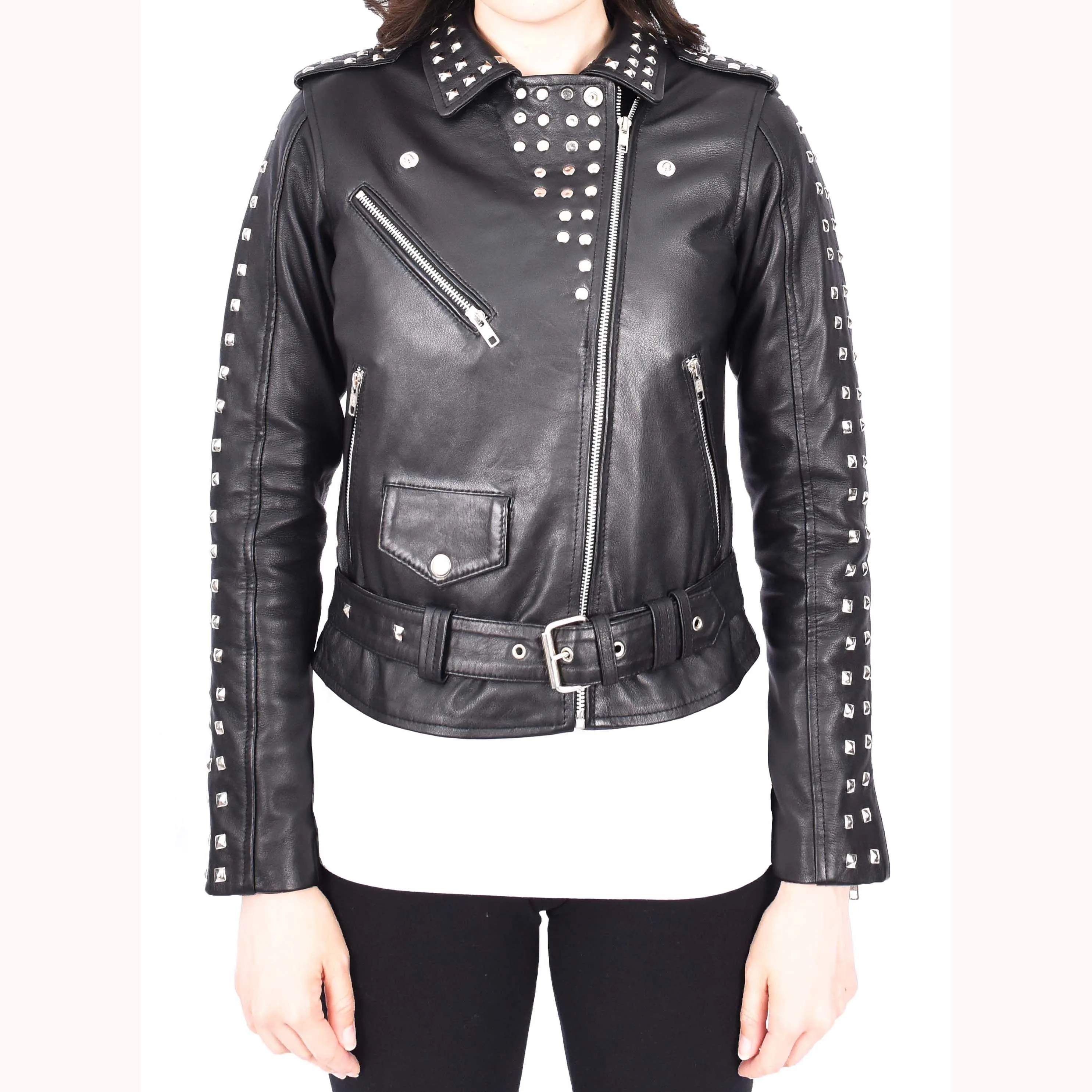 Womens Black Leather Studded Biker Jacket Fitted Brando Style - Stella