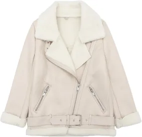 Women's Soft Beige Faux Leather Shearing Moto Jacket